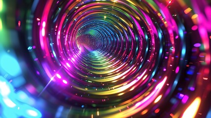 Obraz premium This image captures a mesmerizing neon spiral tunnel glittering with a spectrum of vivid colors, creating a hypnotic visual experience.