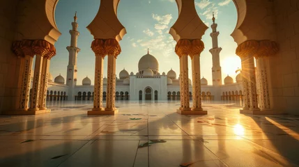 Fotobehang Magnificent mosque courtyard with brilliant sunlight under the beautiful sky © boxstock production