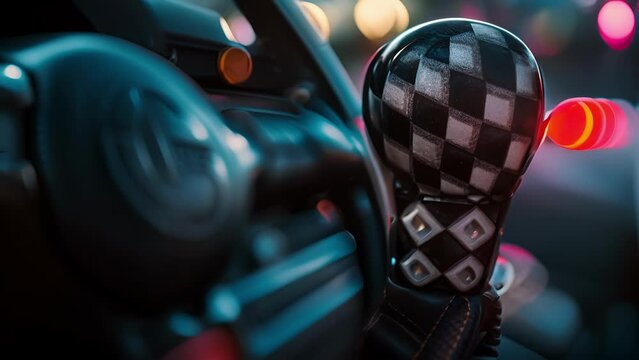 A macro shot of a checkered flag wrapped around the handle of a gear shift emphasizing the close connection between the sport and its iconic symbol of success.