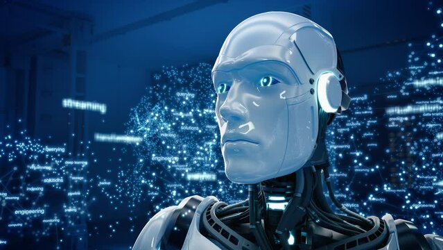 Artificial Intelligence Full Size Robot Working on Deep Machine Learning. Futuristic Humanoid Virtual Generative AI Assistant Works with Information, using Cloud Computing Services and Neural Big Data