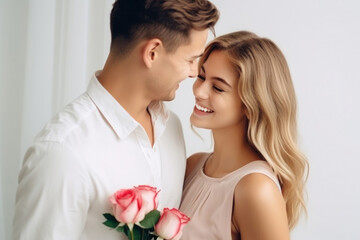 beautiful young couple in love girl model with a young man with a bouquet of flowers, international women's day, warm relationship care and attention, selective