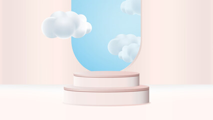 Pink stage podium with sky and cloud background vector. 3D Stage podium and minimal cloud scene for an Award Ceremony. Vector illustration.