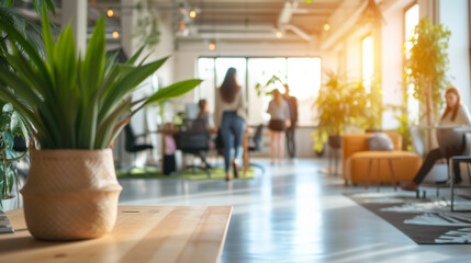 Business office with blurred people casual wear, with blurred background, shallow depth of focus .