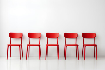 Red chairs in the room and white wall backgrounds. The chairs represent the hiring position. Human resources management and recruitment business hiring concept.
