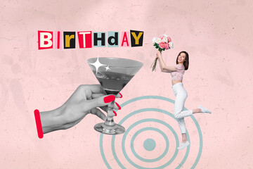 Collage image of black white effect arm hold cocktail glass mini excited girl fresh flowers bouquet...