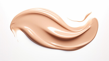A smooth, creamy swatch smudge of beige liquid foundation makeup on a white background