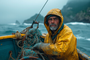 Fisherman on a fishing boat at sea