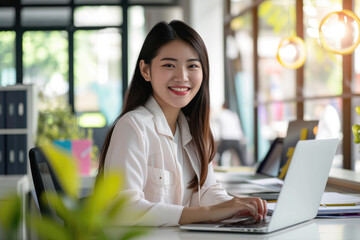 Attractive cheerful Asian business woman working on laptop at modern office