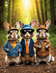 Three cartoon rabbits dressed in jackets and hats. They are standing on a dirt road in the forest. One rabbit is wearing sunglasses.