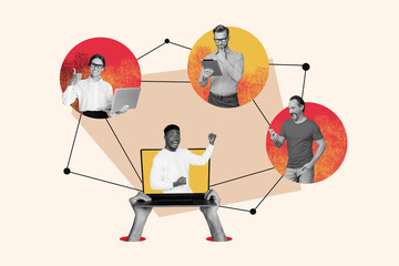 Creative poster collage of teambuilding online communication gadget remote team work weird freak...