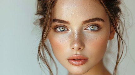 Young beautiful woman applies cream on clean perfect skin.