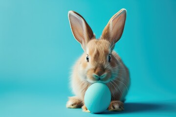 Easter bunny with a blue painted egg