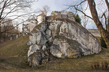 old Gothic Ojcow Castle on the rock. Landscape with a castle in early spring  in Poland
