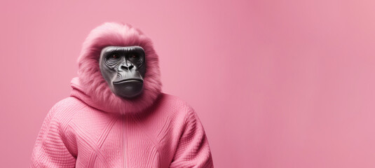 Stylish Gorilla in Chic Pink - A Whimsical Portrait of Fashion and Nature - Generative AI