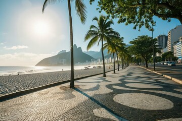 View of Life Beach and Copacabana Beach with palm trees and mosaic sidewalk
