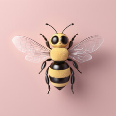 Cute smiley smiling bee in 3d render clay style on pastel color background.
