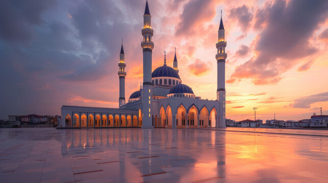 Dramatic sky over magnificent mosque at sunset