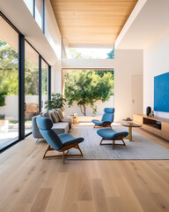 Fototapeta premium Modern minimalist living room interior design with panoramic windows