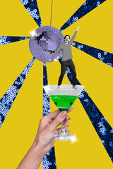 Vertical creative collage image of funny man hand hold martini glass alcohol discoball dancing...