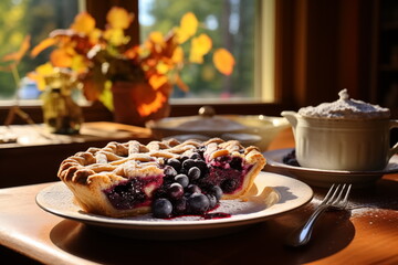 Close up tasty blueberry pie on the table, blueberry, Slice, Sunlight, Generated AI.