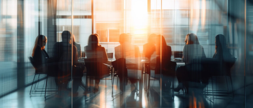 The day's end casts golden hues over a corporate meeting, silhouetting professionals in strategic contemplation