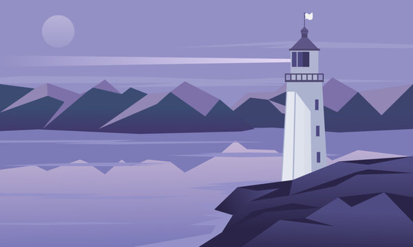 Lighthouse on seashore at night. Vector illustration. 