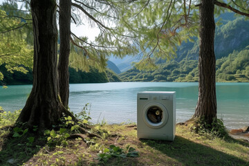 washing machine integrated into forest landscape with lake,symbolizing environmental friendliness,concept environmental protection,use environmentally friendly technology,fight against climate change