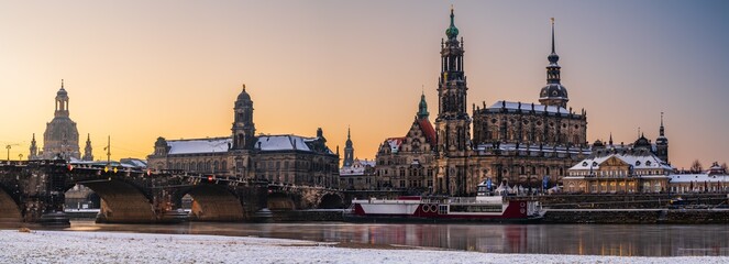 The historical waterfront of Elbe river with baroque buildings in Dresden early morning in the...