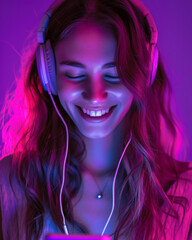 Expressive young woman absorbed in melodies, listening to music on her smartphone, radiant purple backdrop echoing her electric mood - High Dynamic Range vibrant color portrait