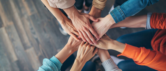 A unity of hands, diverse and united, symbolizes collective strength and harmonious teamwork - obrazy, fototapety, plakaty