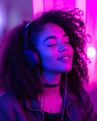 Expressive young woman absorbed in melodies, listening to music on her smartphone, radiant purple backdrop echoing her electric mood - High Dynamic Range vibrant color portrait