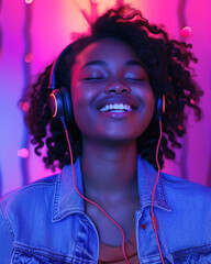 Expressive young woman absorbed in melodies, listening to music on her smartphone, radiant purple backdrop echoing her electric mood - High Dynamic Range vibrant color portrait