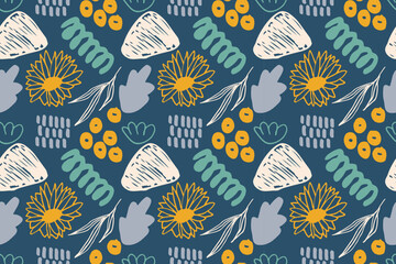 Vector pattern illustration , nature elements , flowers , modern and trendy hand drawn abstract elements ,for your design ,print paper or fabric , banner , flayer , and over design.