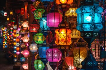 mesmerizing view of various colorful and intricately designed lanterns hanging at a night