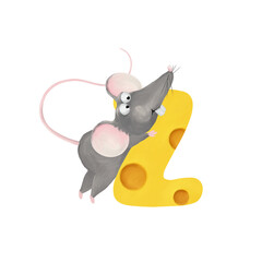 Bright cheese alphabet. Cute and funny rat with letter Z. Tasty illustration for kids on white background