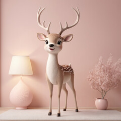 cute 3d young fawn or deer, small deer with horn in pastel pink background