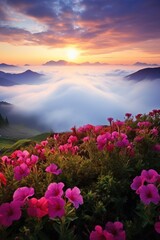 Blooming meadow among mountains. High peaks and flowers. Beauty in nature.