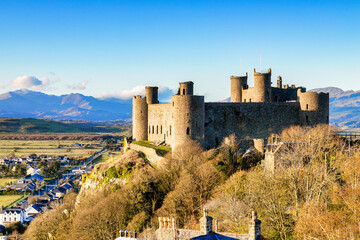  Harlech, Gwynedd, Wales - Harlech Castle in its commanding position overlooking the surrounding...