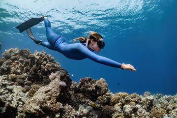 reediver girl on coral reef, in the sea. underwater