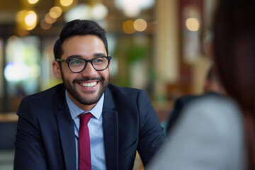 Fototapeta premium Happy businesswoman interviewing a well-prepared job candidate in a cozy office environment. The job interview process - from expectation to excitement, captured in high-definition