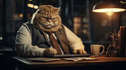 A Fat cat is sitting at the office table in front of a computer, upset and dissatisfied employee	