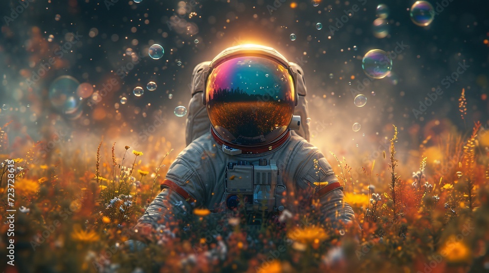 Poster astronaut in space suit, floating in bubbles, with a yellow sunset in the background generative ai