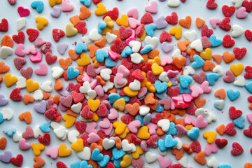 A burst of heart-shaped candies, creating a confetti-like explosion on a bright white canvas