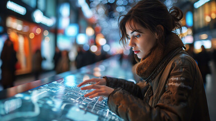 focused woman is using a touchscreen map on a large digital table in a busy mall