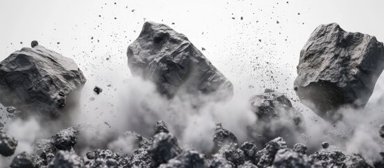 Falling rock fragments erupt with dust splashes from erupting mountain cliffs. Generated AI image - obrazy, fototapety, plakaty