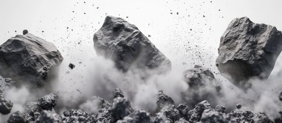 Falling rock fragments erupt with dust splashes from erupting mountain cliffs. Generated AI image