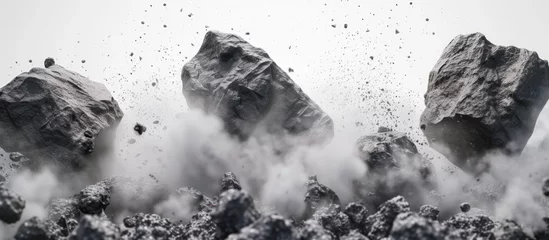 Fotobehang Falling rock fragments erupt with dust splashes from erupting mountain cliffs. Generated AI image © Leafart