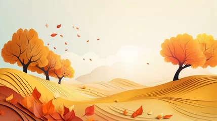Gordijnen Autumn season landscape background design with falling leaves for banner or presentatio © arjan_ard_studio