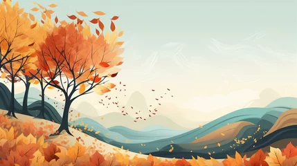 Gardinen Autumn season landscape background design with falling leaves for banner or presentatio © arjan_ard_studio