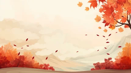 Fototapeten Autumn season landscape background design with falling leaves for banner or presentatio © arjan_ard_studio